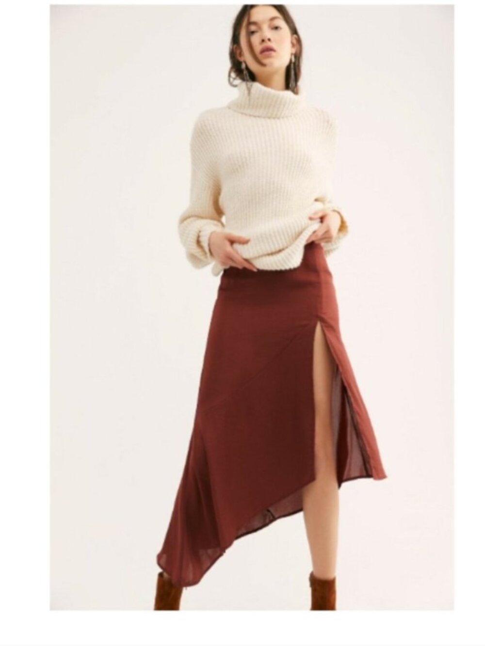 Free People Women's Burgundy Lola Satin Asymmetrical Hem Slit Midi Skirt Size 10